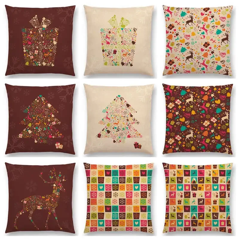 Christmas Day Series Cushion Cover Tree Gift Reindeer Snowflake Mini Pattern Prints Happy Holiday Colourful  Throw Pillow Case