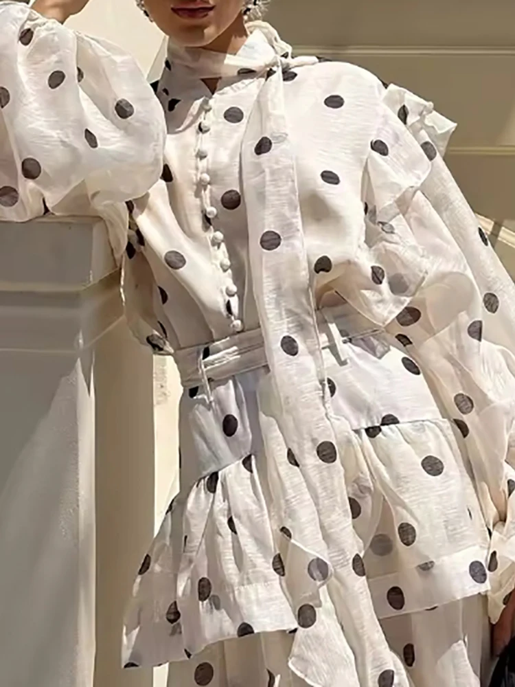 كشكش حافة تصميم الشاطئ فستان طويل أنيق البولكا نقطة طباعة الربيع الصيف فستان مناسبات المرأة س الرقبة فانوس كم فستان كاجوال #1