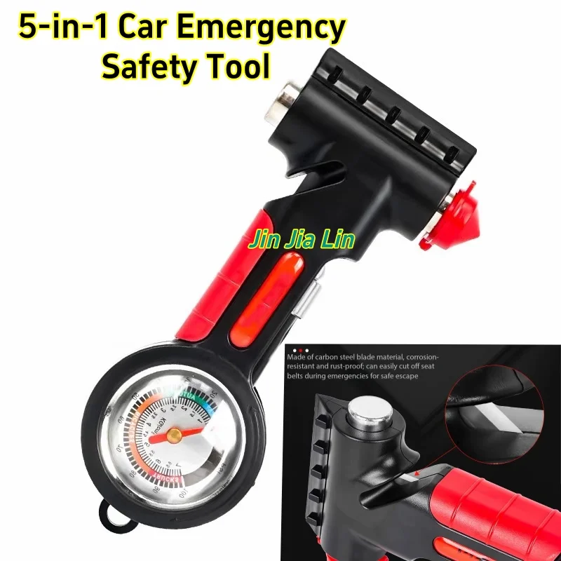 

Multi-Function Car Escape Tool, 5-in-1 Window Breaker, Seatbelt Cutter, Tire Gauge, Hammer & Ice Scraper for Road Safety