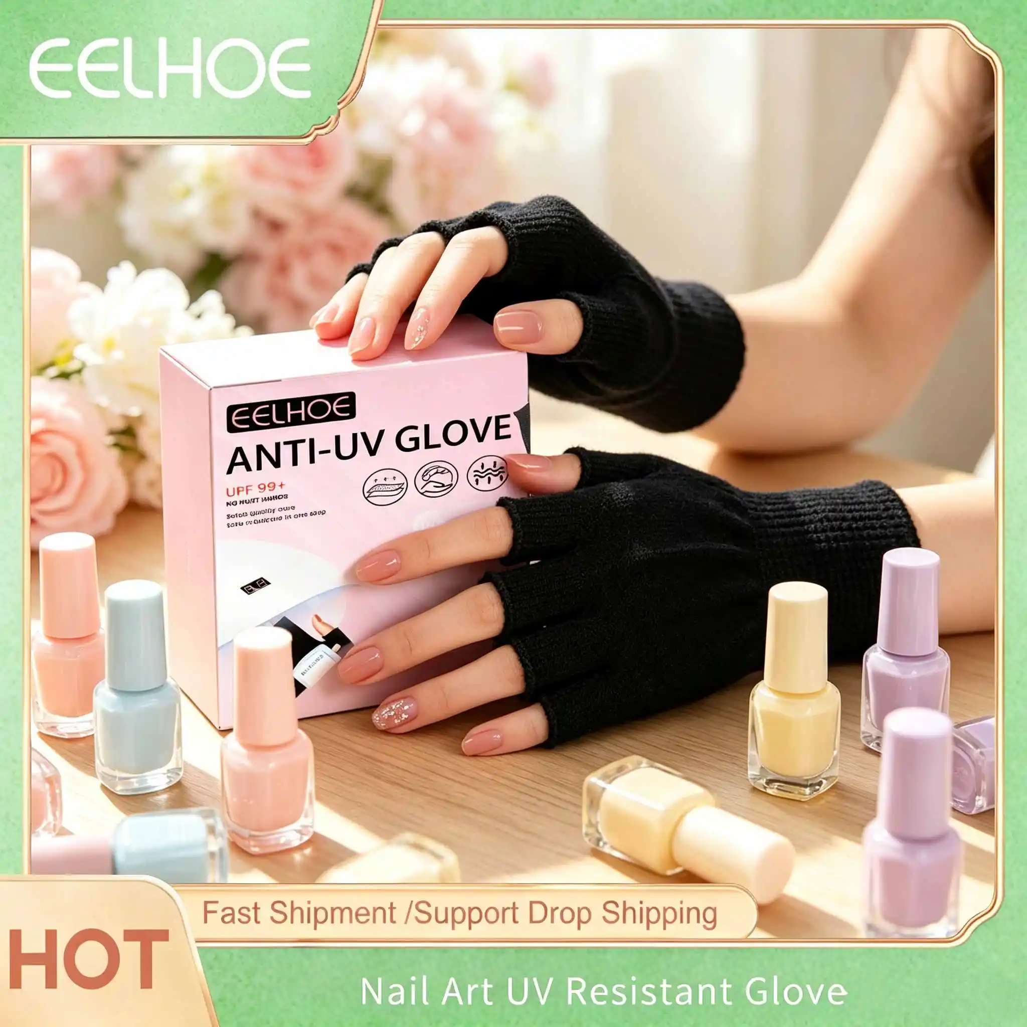 EELHOE Anti LED Lamp Uv Rays Gloves Hand Shield for LED Nail Art Gel Dryer Radiation Protection Black Fingerless Manicure Gloves