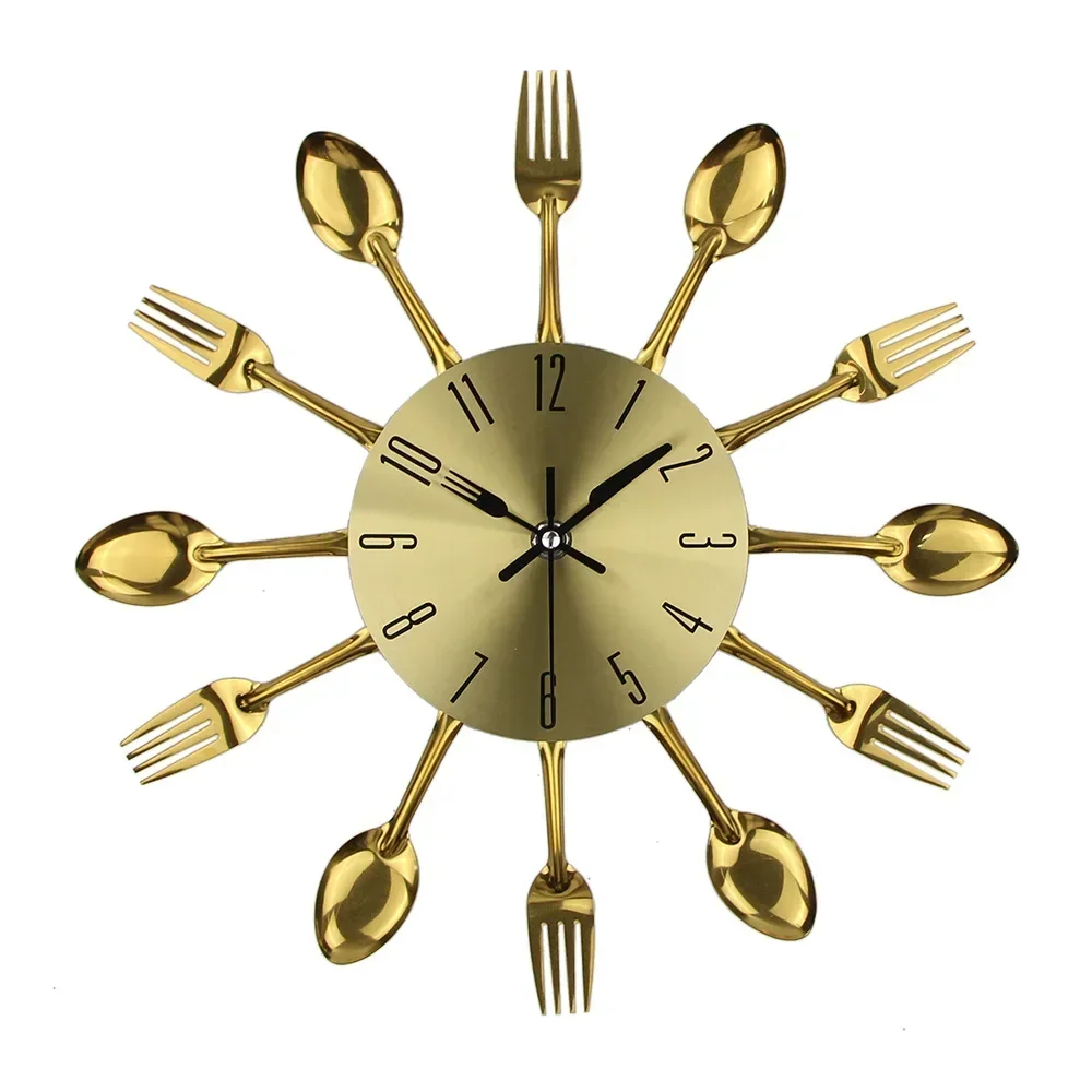 Creative Gold Metal Kitchen Supplies Knife and Fork Shaped Wall Clock Fashion Home Decoration Restaurant Art Wall Watch