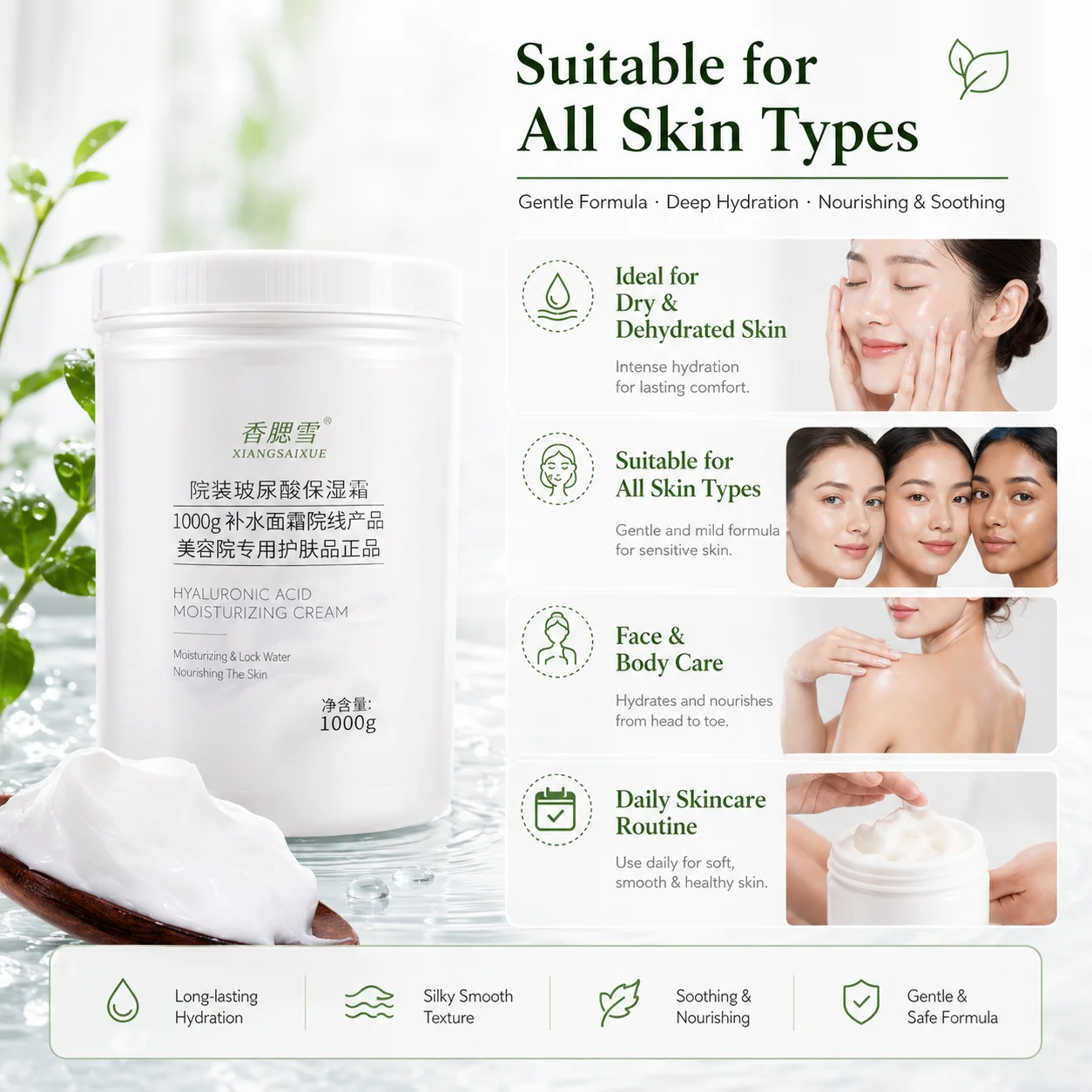 Salon 1000g Hyaluronic Acid Moisturizing Facial Cream Hydration Repair Sensitive Dry Skin Cosmetic Raw-Material Support OEM