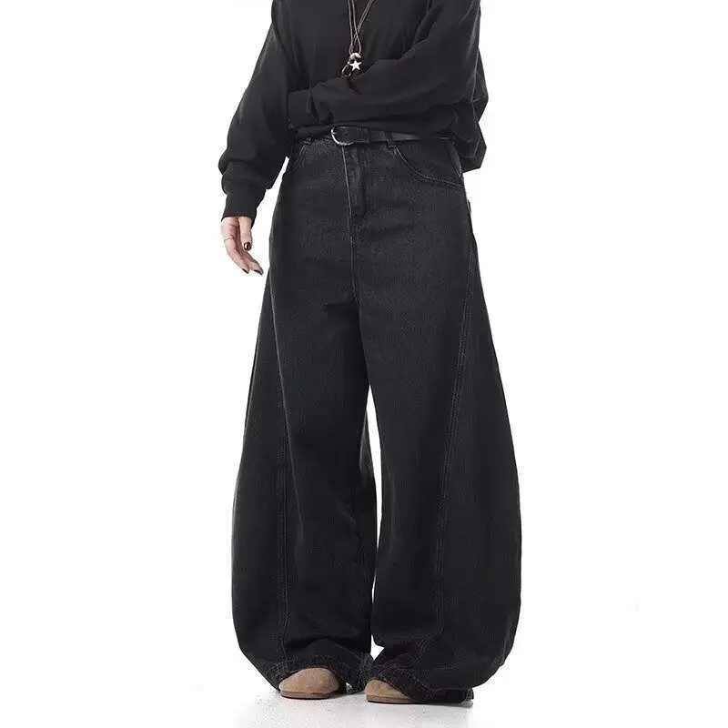 Men's Jeans Spring Autumn Black Bagge Jeans Man American Y2K Loose Wide Leg Curved Knife Denim Pants High Street Male Trousers