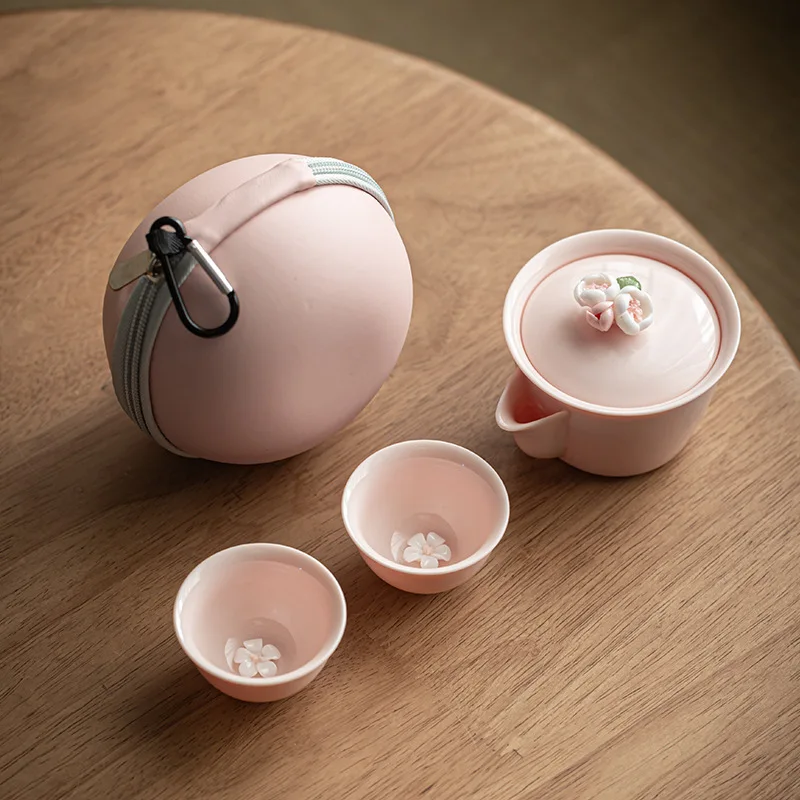 Infusor de té de belleza portátil, tetera rosa con taza de té, flor hecha a mano, tetera de cerámica encantadora, juego de té de porcelana japonesa para exteriores