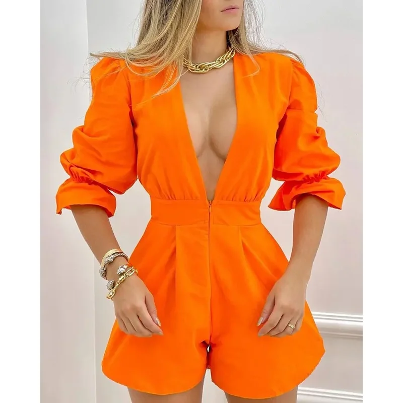 

Orange Deep V Jumpsuit ort Pants Puff Sve Plunge Zipper ket Rer High Waist Wide Leg Commute Sle Spring Faion