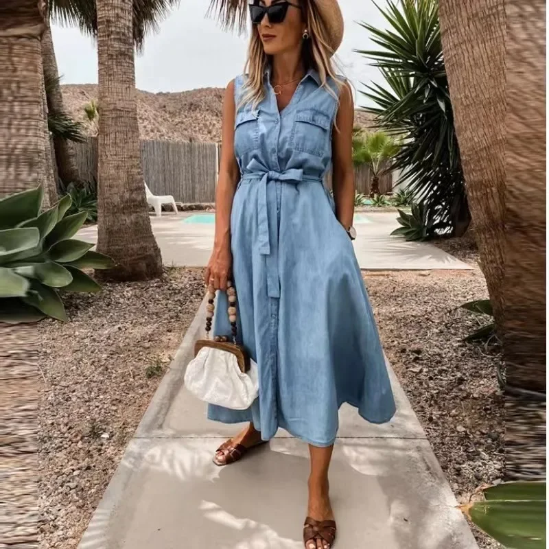 2023 Summer Denim Dress Women Turn Down Collar senza maniche Casual allentato monopetto camicia Dress