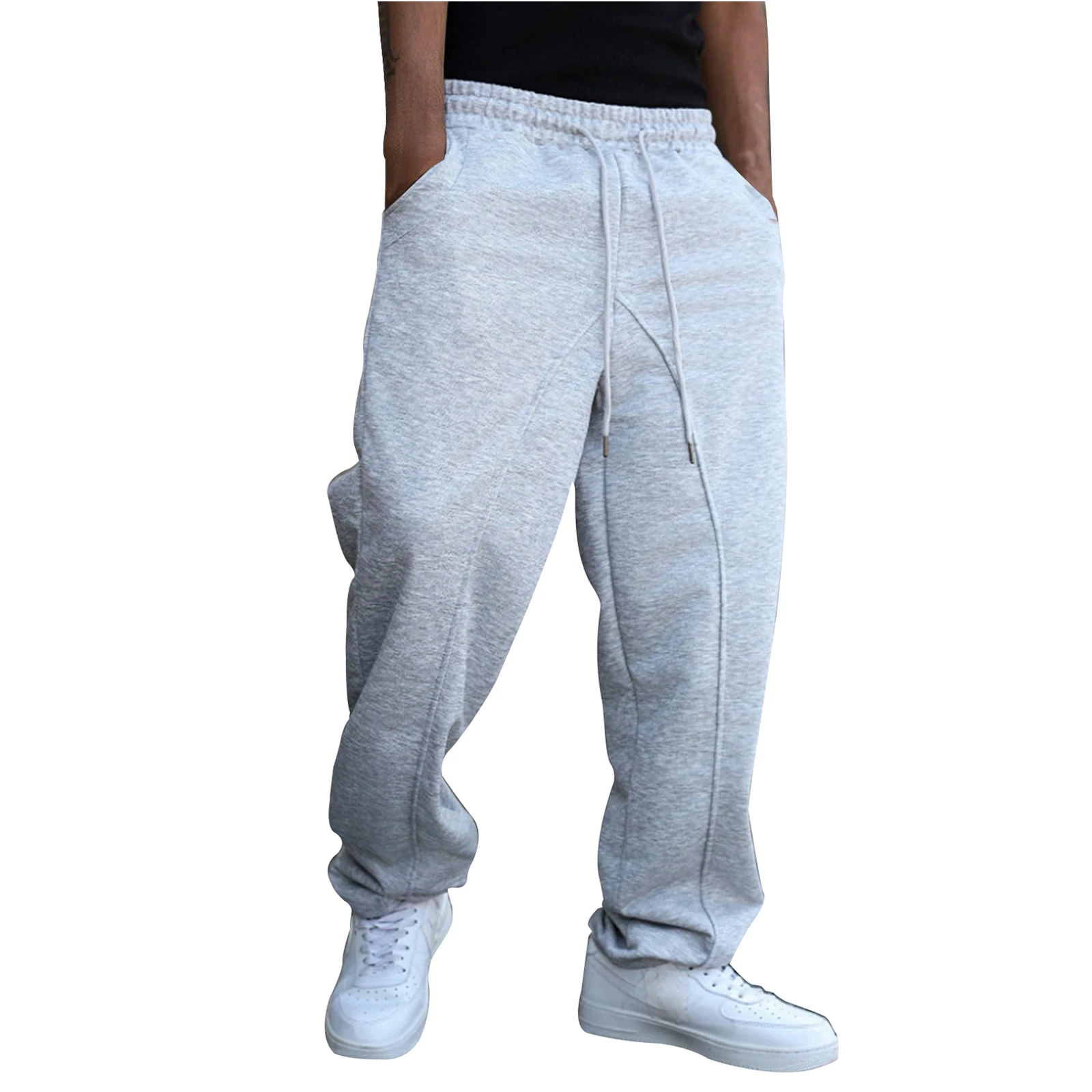 

Men Loose Fit Drawstring Wide Leg Pants Casual Comfortable Elastic Waist Streetwear Breathable Leisure Trousers for Gym Walking