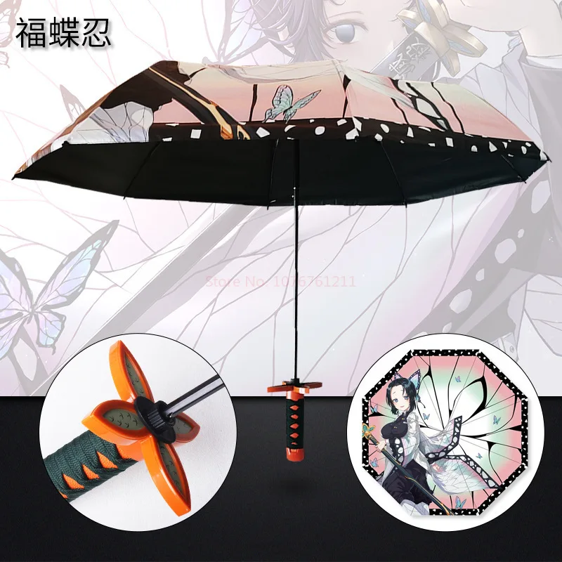 Demon Slayer Umbrella All-weather Folding Parasol Kimetsu No Yaiba Rengoku Kyoujurou Shinobu Anime Katana Umbrellas Rain