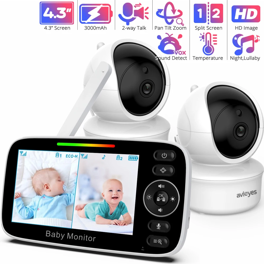 4.3 Inch Video Baby Monitor with 2 Cameras Pan Tilt Zoom Babyphones 2-way Talk Night Vision Monitor Nanny Temperature Babysitter