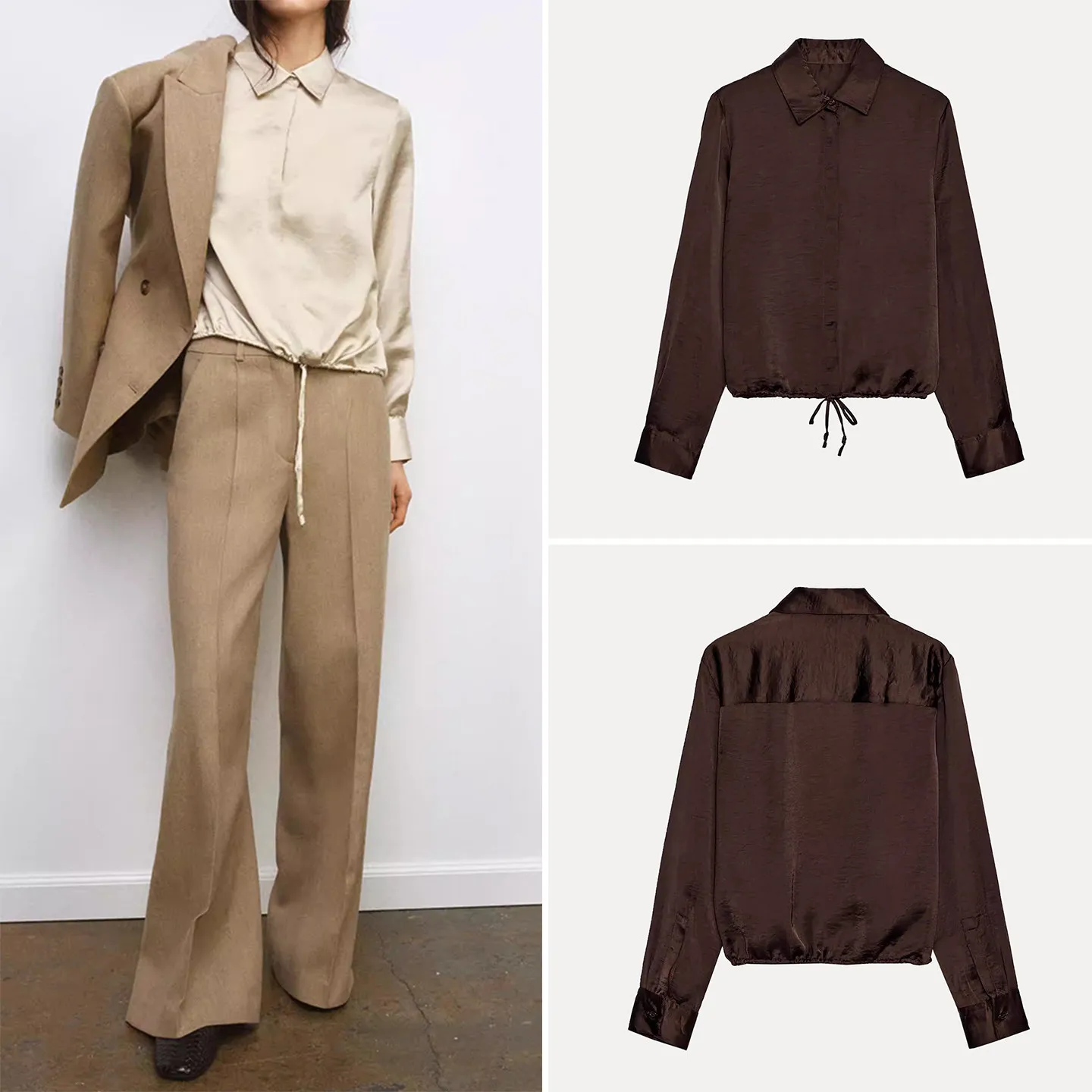 

Модная атласная женская блузка Z-бренда, весна 2026, свободный крой, длинный рукав, классический воротник, элегантный индивидуальный стиль