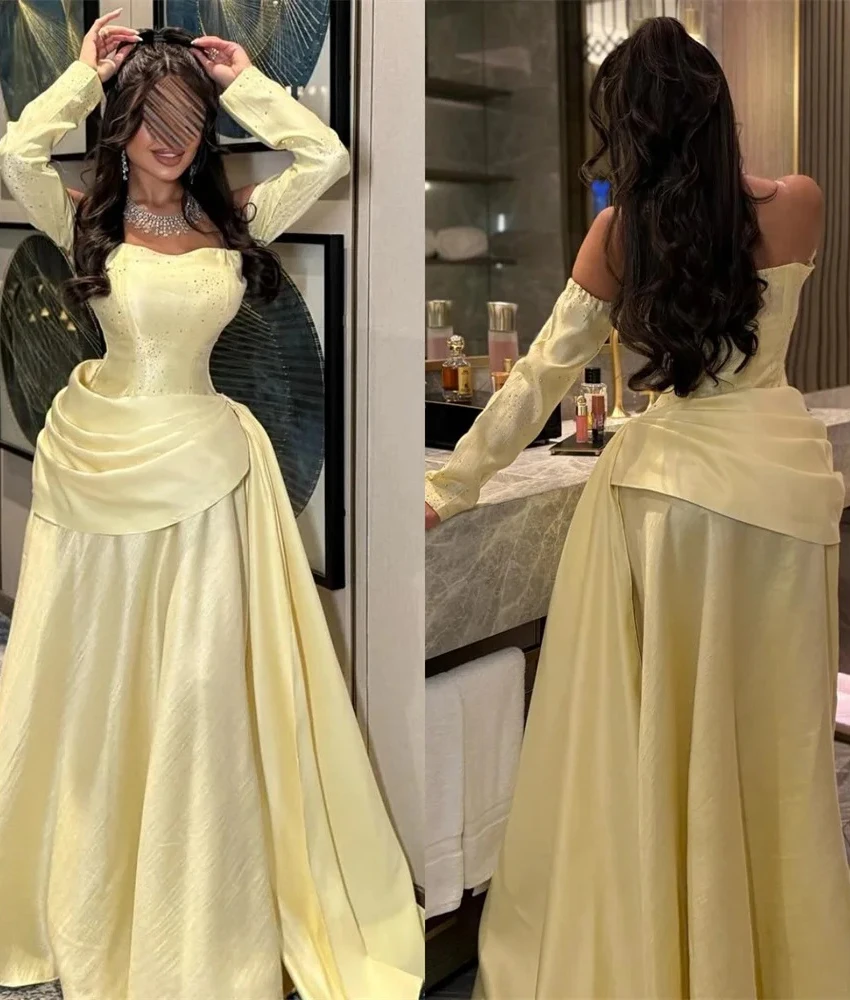 

Customized Graceful Satin A-Line Off the Shoulder Crystal Evening Dress High Quality Sweetheart Long Sleeves Celebrity Gowns