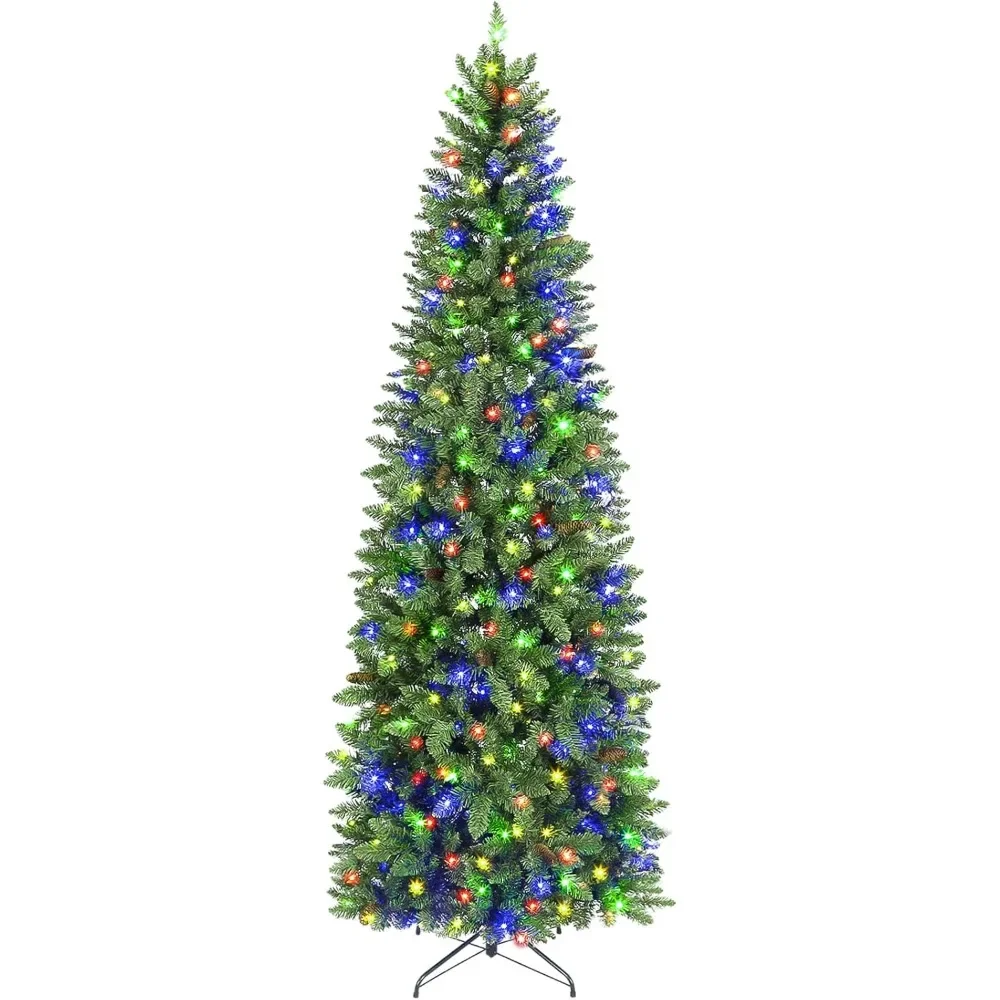 

6.5 ft Prelit Pencil Slim Christmas Tree with 200 Color Changing LED Lights, 544 Branch Tips, Metal Stand and Hinged Branches