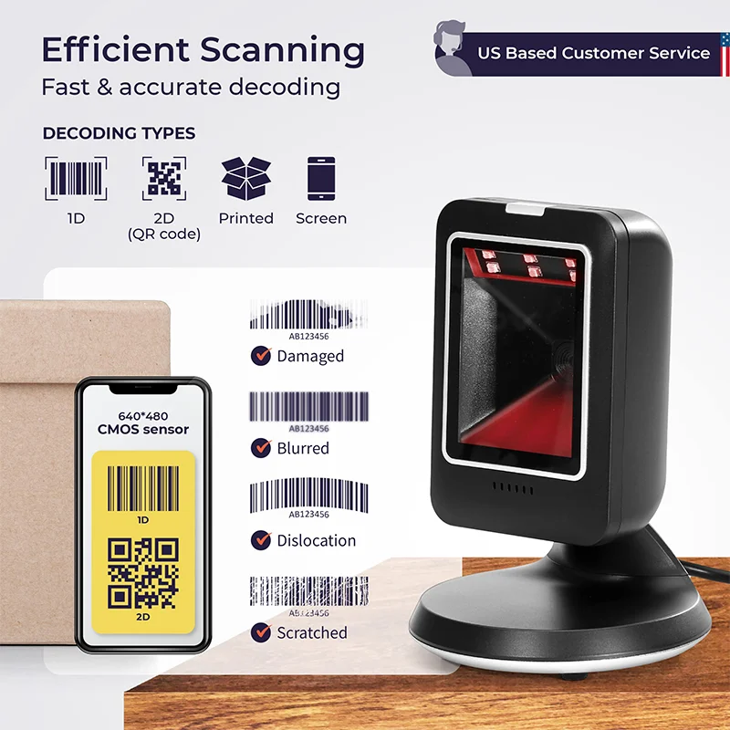 MP6300 Tabletop 2D 1D QR Barcode Scanner USB/RS232 Black, Play&Play for Library, Store, Supermarket POS