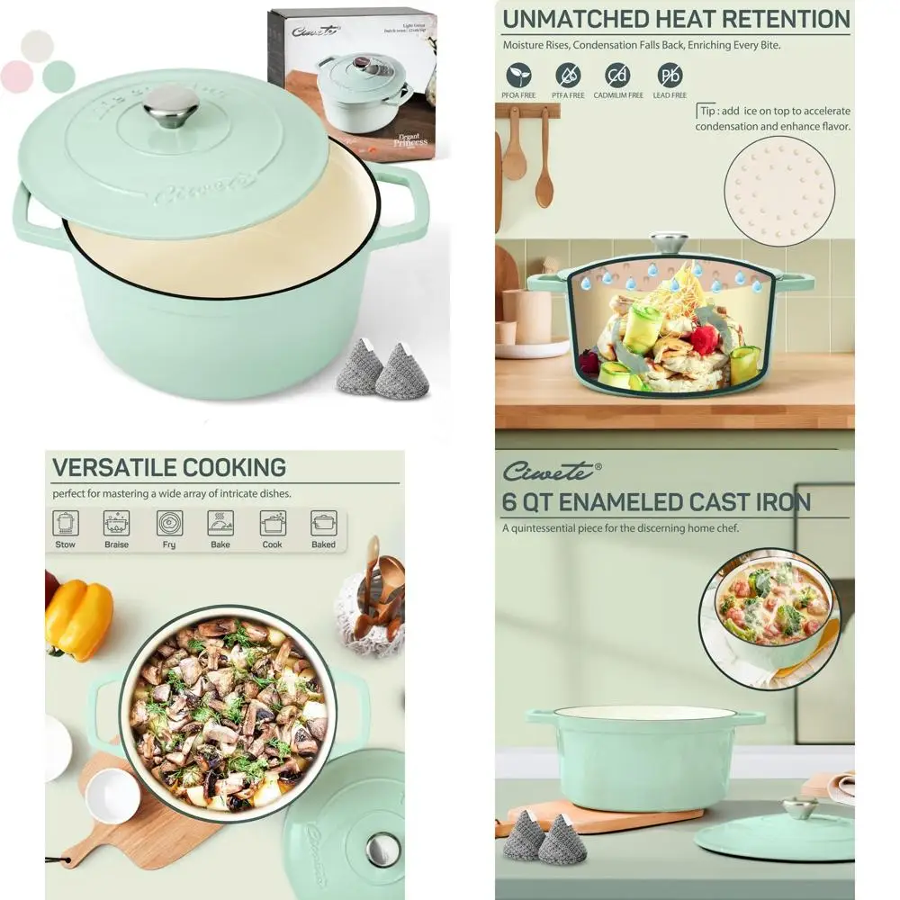 

Enameled Cast Iron Dutch Oven, 6-Quart Pot with Lid, Ideal for Bread Baking, Braiser Cooking, Oven Safe up to 500 Degrees, Dual