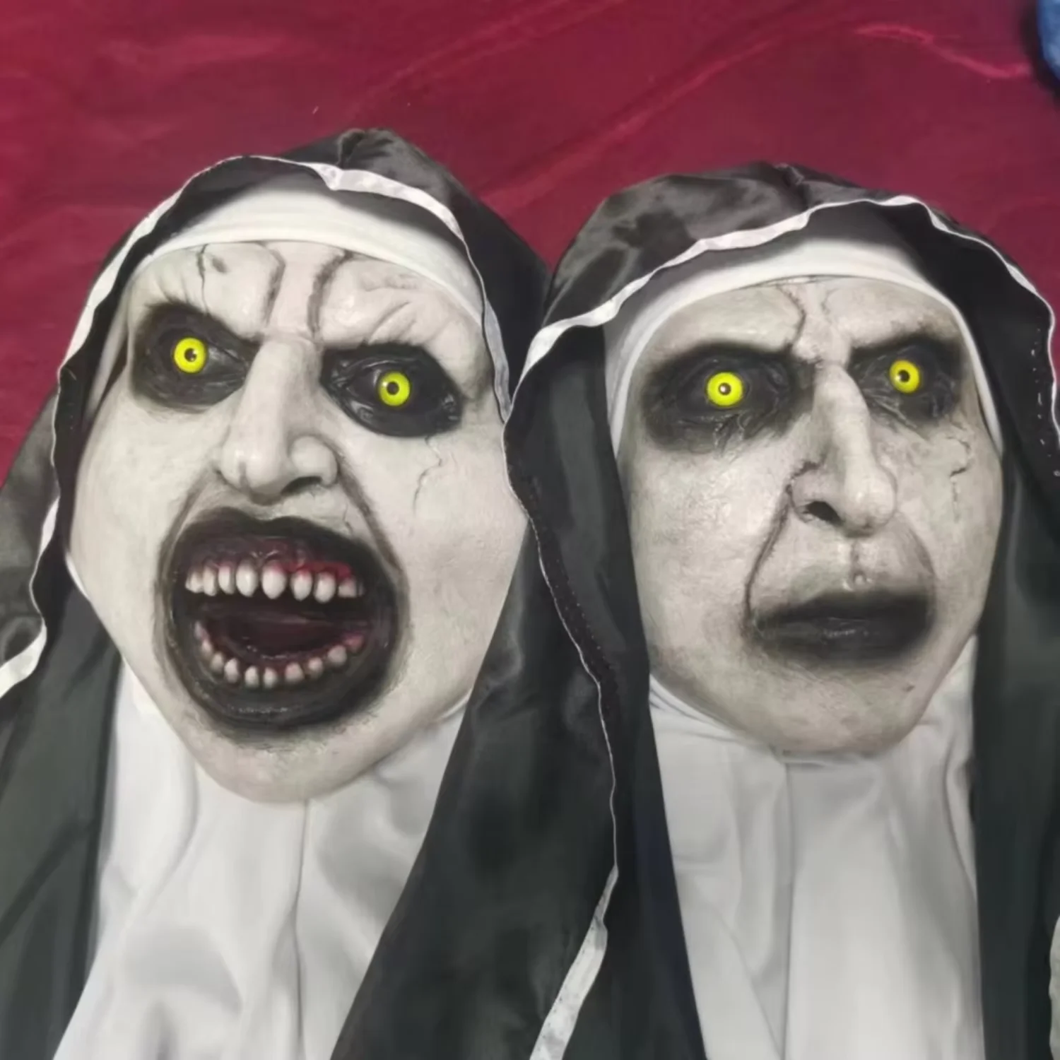 

Halloween Scary Mask Nun Conjuring Costume Horror Latex Mask with Scarf Adult Woman Creepy Horror Costumes Halloween Props