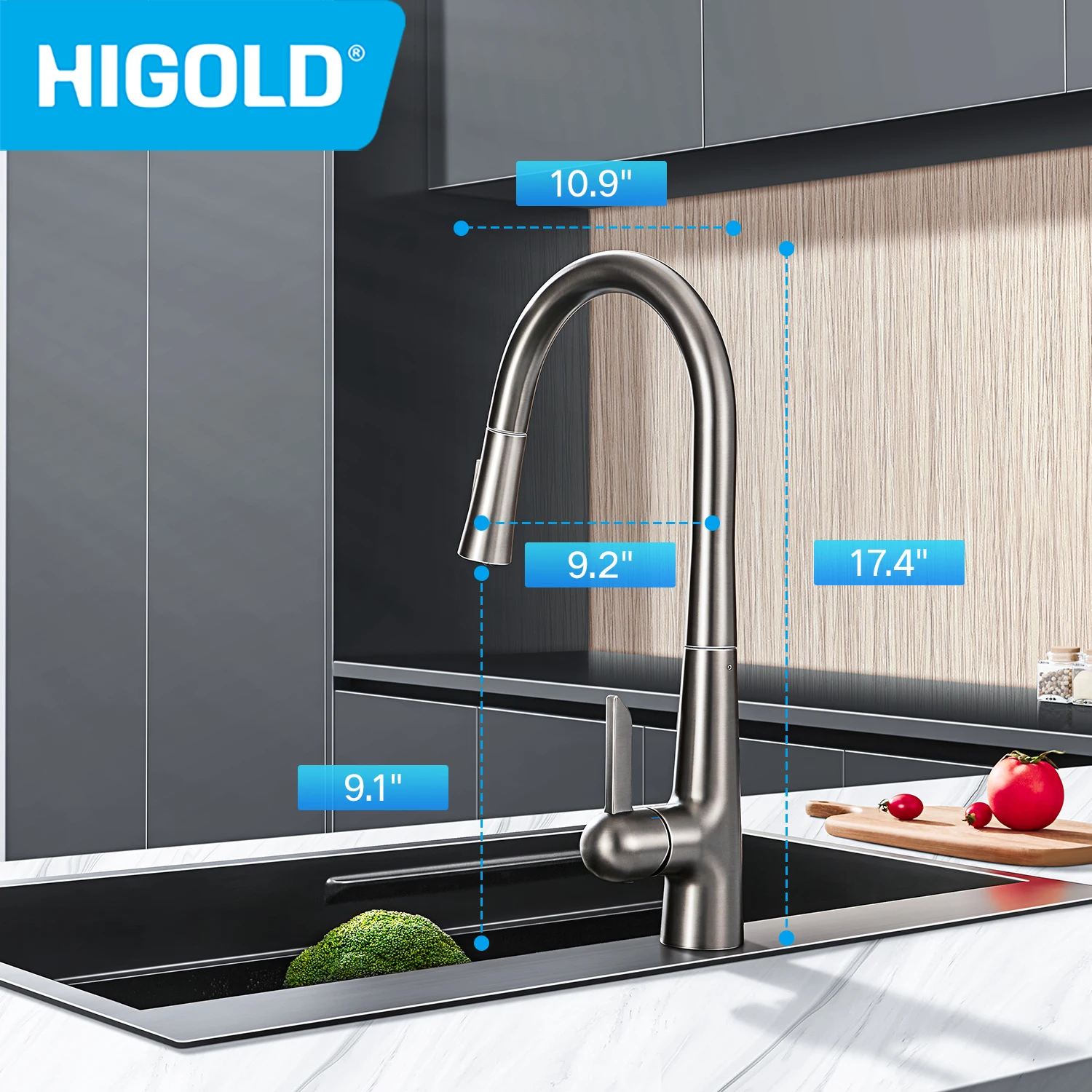 HIGOLD Faucet kitchen Kitchen Sink Tap Hot Water 304 Stainless Steel Pull-out Faucet Two Water Outlet Grey Faucet