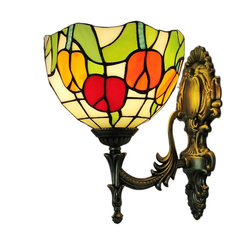 

Vintage Tiffany Wall Mount Lamp Tulip Stained Glass Lampshade Bedroom Sconces LED Solar Indoor Lighting Home Living Room