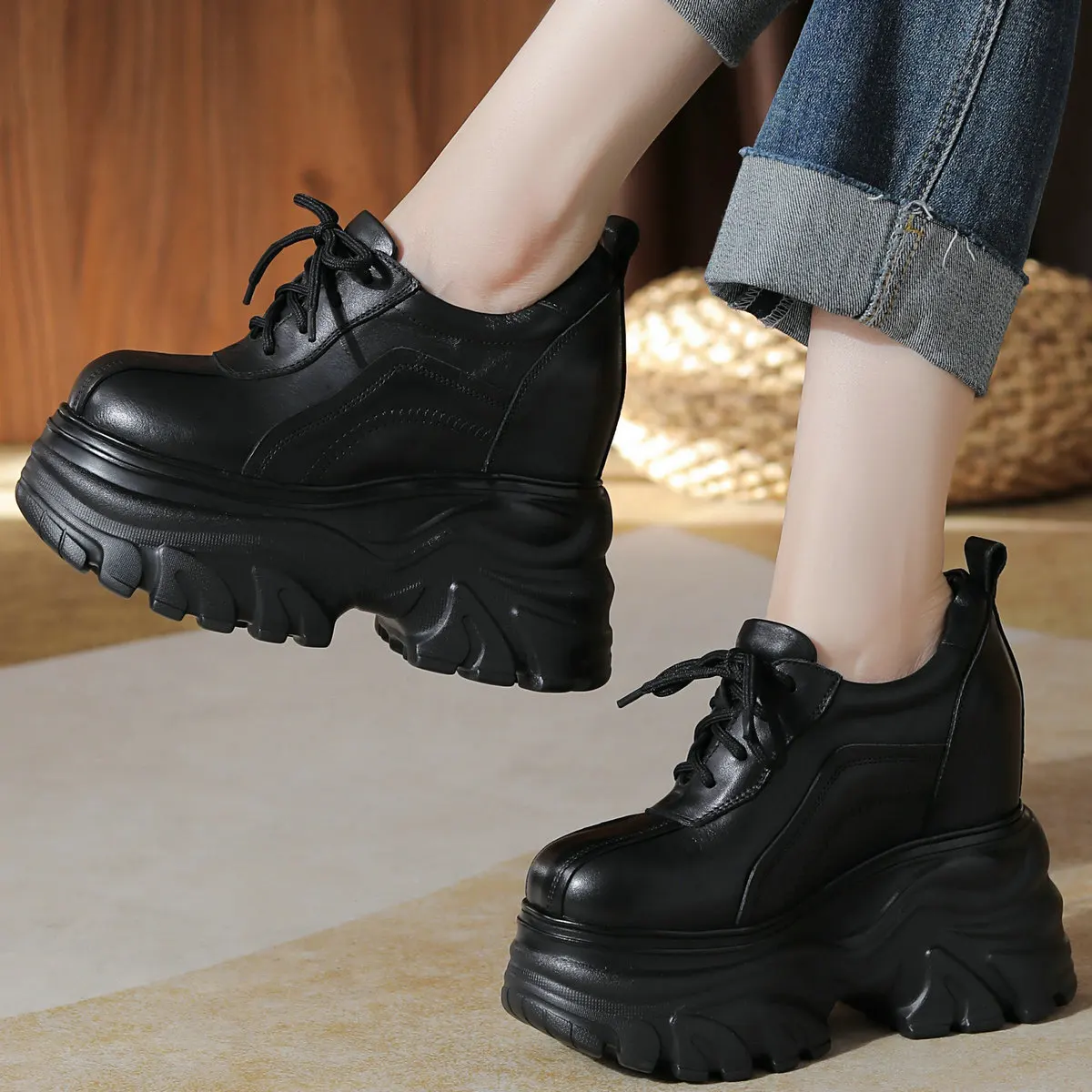 

Pumps Shoes Women Lace Up Genuine Leather Wedges Platform High Heel Ankle Boots Female Round Toe Fashion Sneakers Casual Shoes