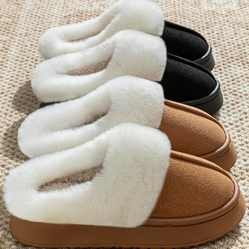 Thicken Warm Long Plush Slippers for Women Winter 2026 Soft Fluffy Fur Thick Soled Warm Slippers Woman Faux Suede Mules Shoes