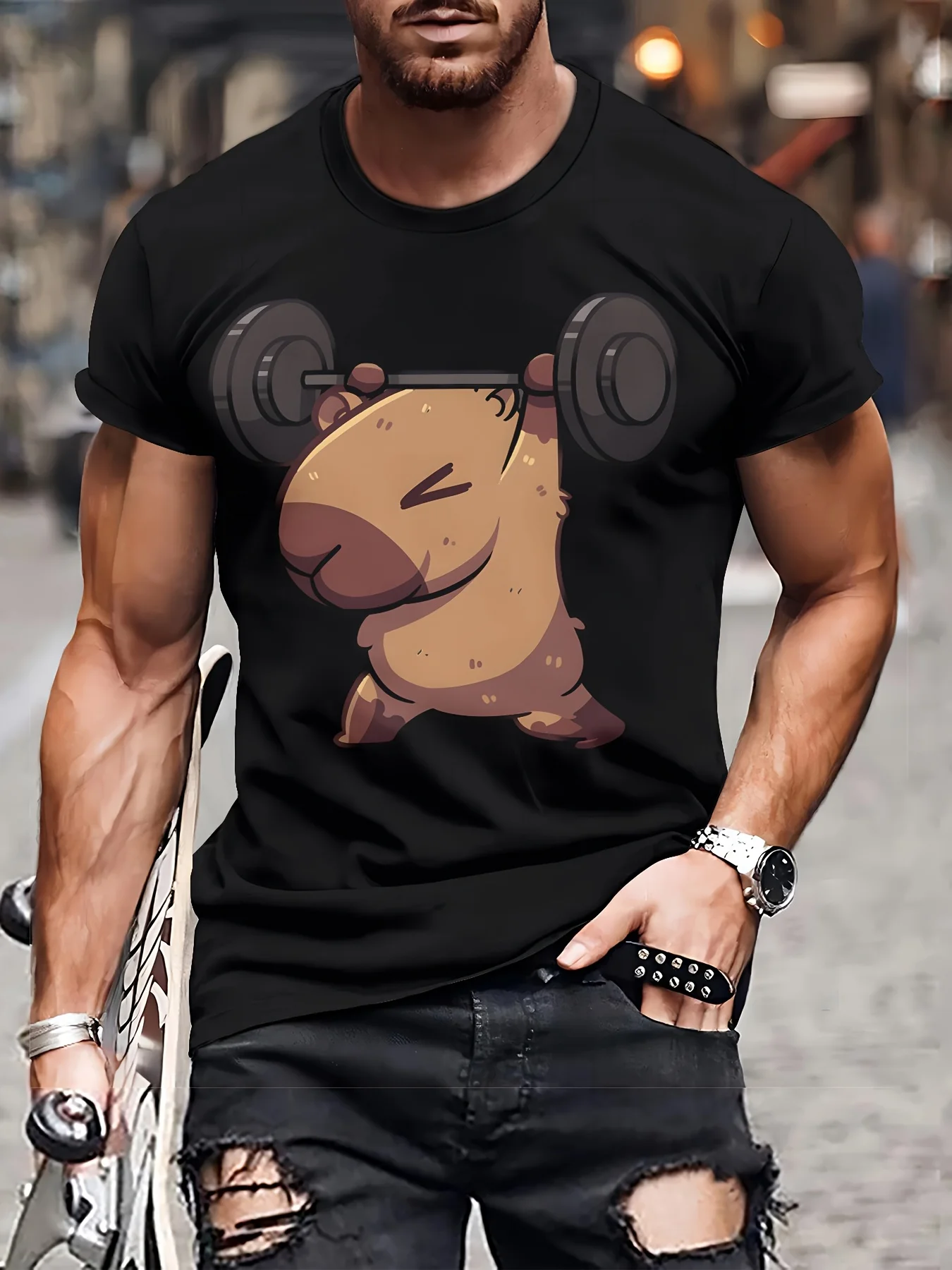 

Capybara Weightlifting Graphic Tee Funny Gym Workout Cotton Short Sleeve T-Shirt for Men Women