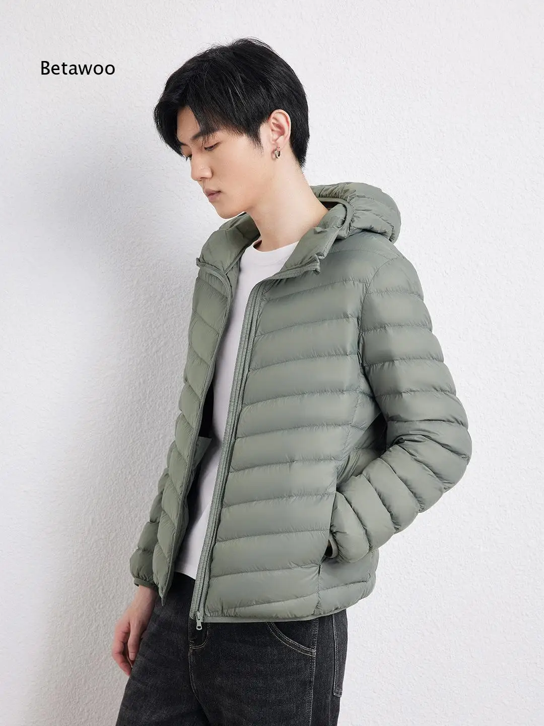Men Hooded Lightweight Down Jacket Full Zip Front Side Hand Pockets Packable Warm Outerwear for Autumn Winter Daily Outdoor Wear