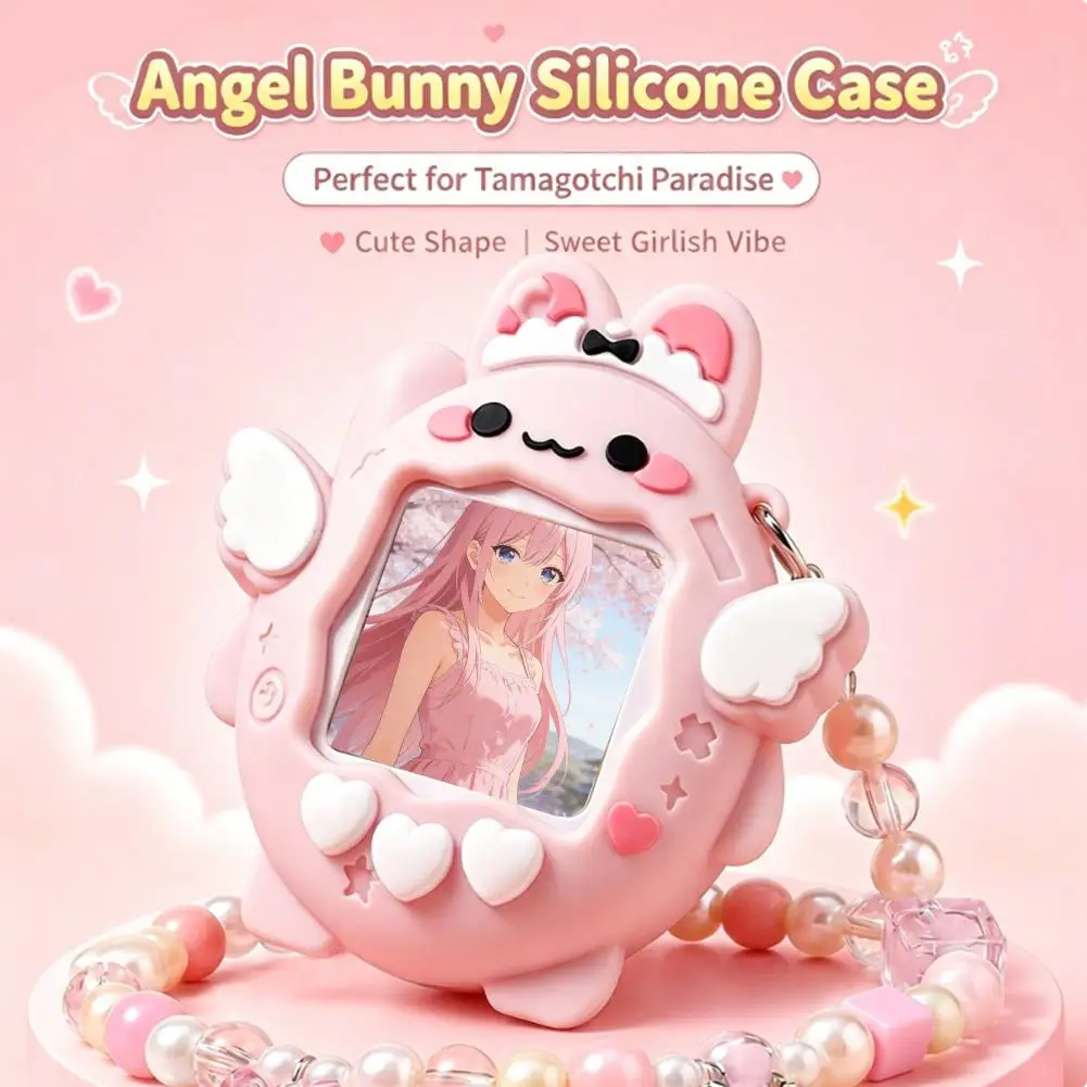 For Tamagotchi Connection Silicone Protective Case Cute Angel Rabbit Shockproof Full Coverage Optional Beaded Anti Drop Lanyard