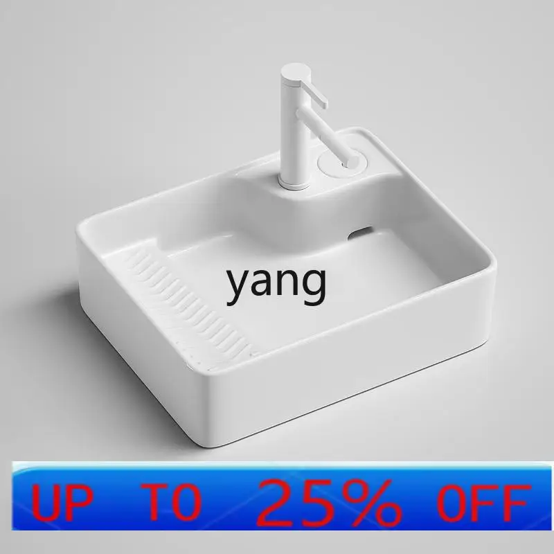 LTT Countertop Basin with Washboard Hidden Ceramic Side Drain Household Bathroom Single Basin