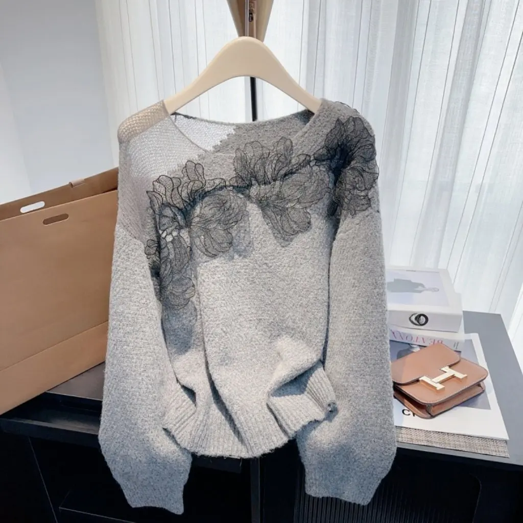 

Women's Lazy Sweater Lace Stitching Sweet Atmosphere Top Korean Style Spring Autumn Design Fashionable Women's Clothing