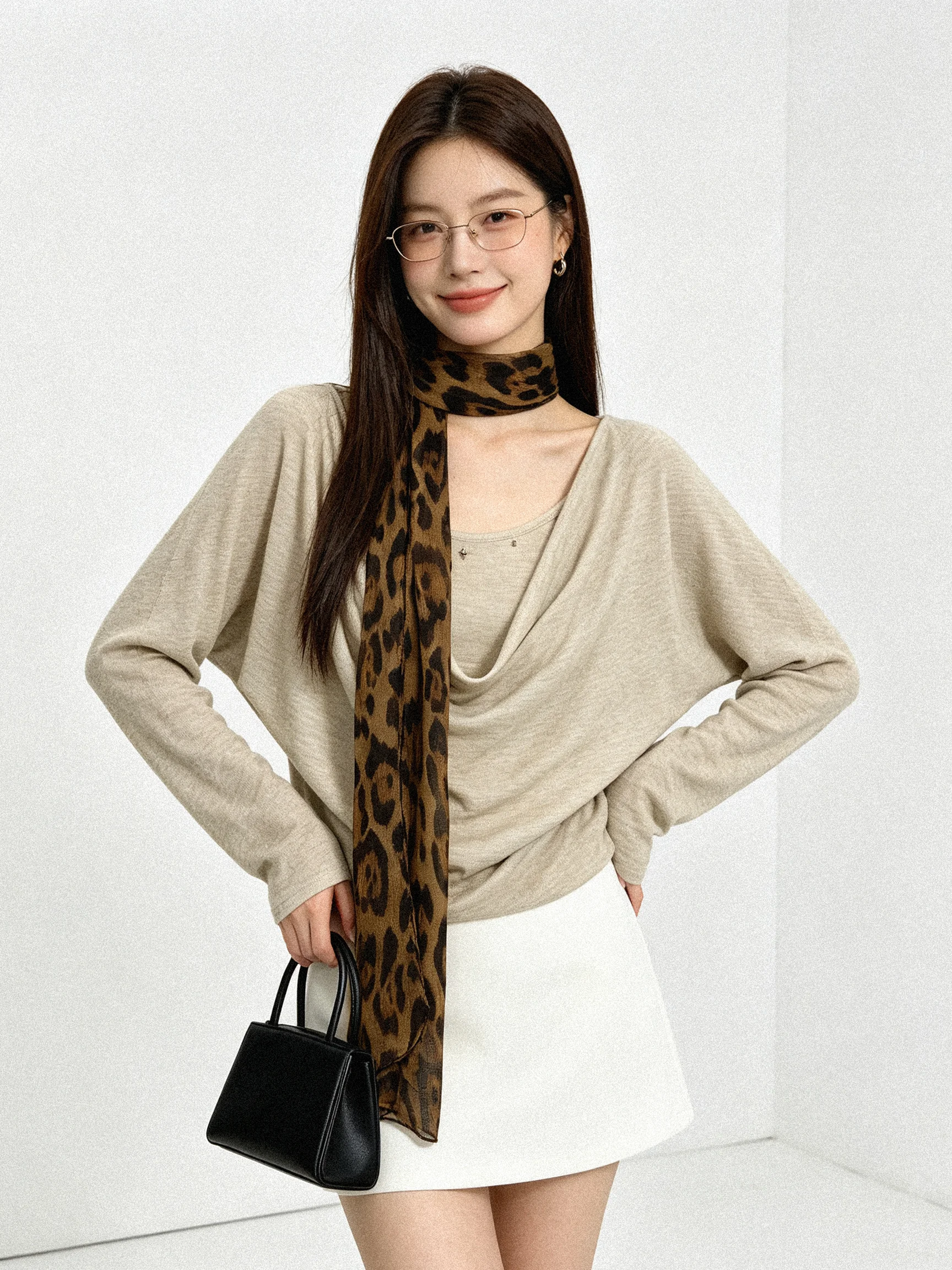 Retro Early Autumn Leopard Print Sash Swinging Neck High Knitwear Soft Slimming Atmosphere Top Fake Two-Piece Ladies T-shirt