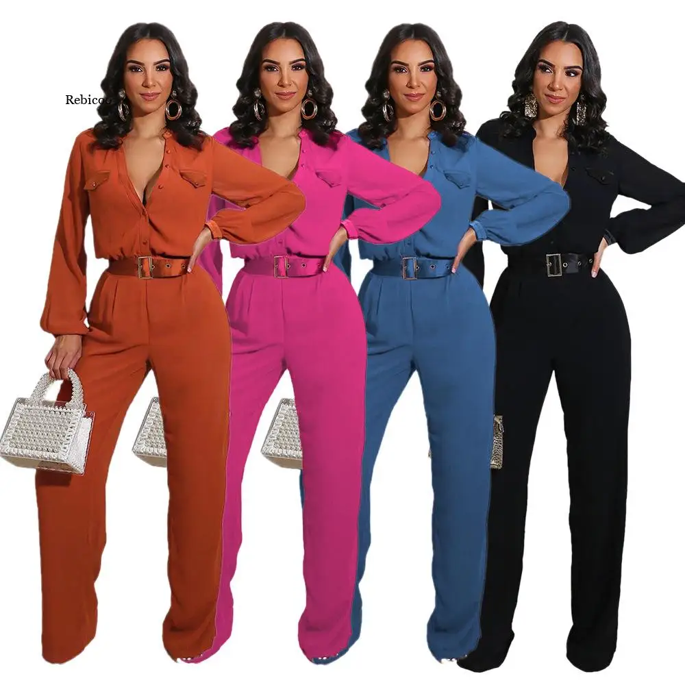 Women Long Sleeve Button-down Jumpsuits Regular Elegant Solid Jumpsuit Overalls