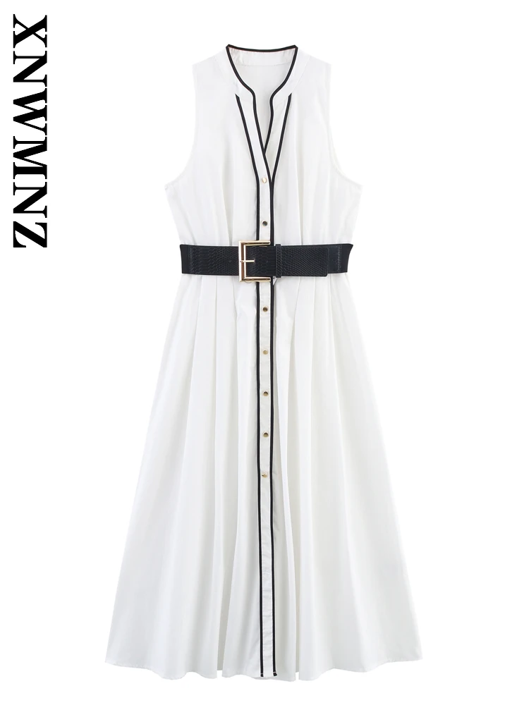 XNWMNZ 2025, Sommer Neues Produkt für Damen, lässige Mode, V-Kragen, ärmelloses Midikleid, schickes, einfaches Pendelkleid für Damen