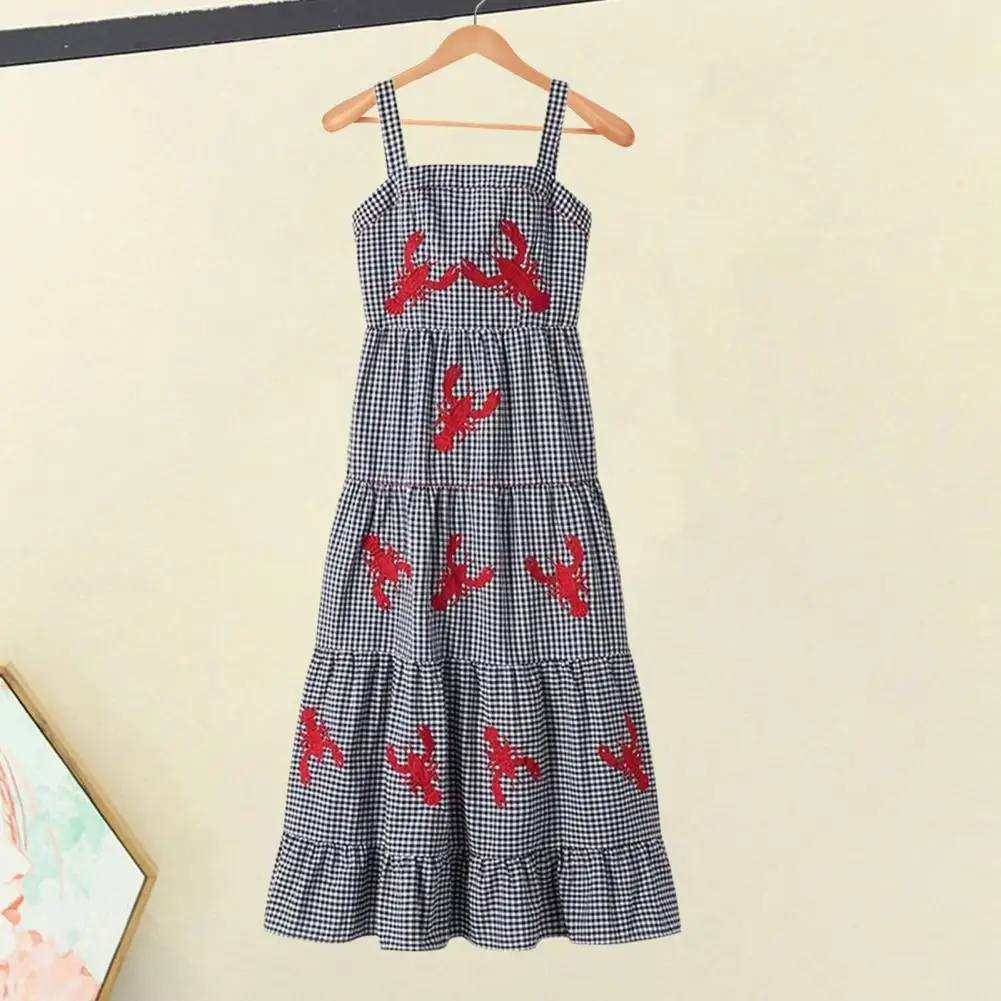 

Loose Cut Pleated Midi Dress Lobster Embroidery Plaid Midi Dress for Women A-line Vacation Beach Dress with Square Neck Loose