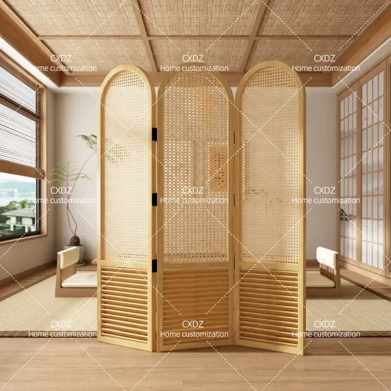 Solid Wood Ash Folding Screen Cotton Linen Rattan Room Divider Living Room Entrance Partition Decoration