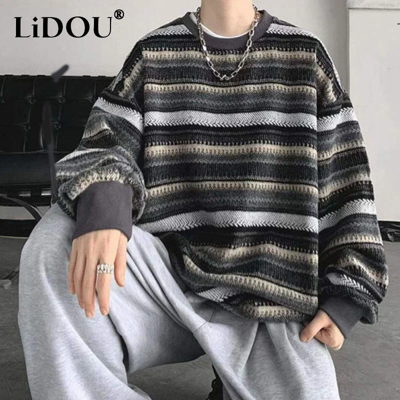 Spring Autumn Striped Casual Hip Hop Oversized Sweatshirt Man Harajuku Streetwear Korean Tops Fashion Pullover Ropa De Hombre