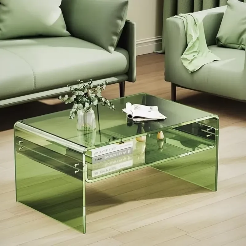 Transparent Acrylic Coffee Table Rectangular Plexiglass Side Table with Open Storage Rack for Living Room Modern Clear Desk