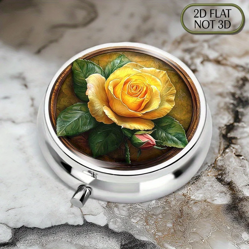 1-piece yellow rose metal pill box - 3-compartment round pill organizer, vitamin pill storage box, daily medication organizer, elegant gift, suitable for both men and women, flat design