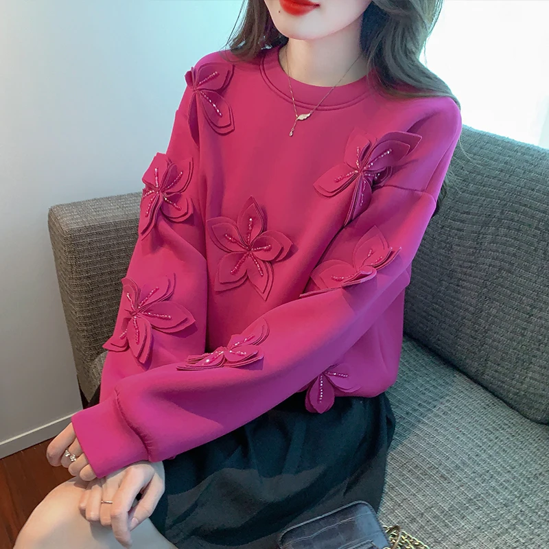 Autumn Spring 2025 Women's Sweatshirt Pullover Top Three-dimensional Flowers 3D Beading Loose Long Sleeve Casual 40914