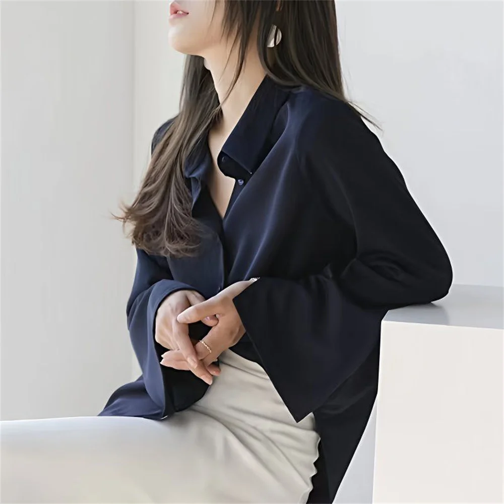 Femmes en mousseline de soie Blouse mode solide à manches longues évasées bureau dame travail Vintage hauts chemises chemise blanche vêtements féminins élégants