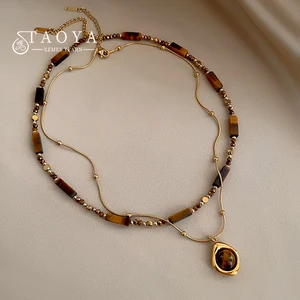 Collier pendentif en pierre Œil de tigre superposé Retro Temperament pour femmes Ensembles de chaînes à double couche en acier inoxydable Bijoux 10 meilleurs colliers léopards en vente - No 3
