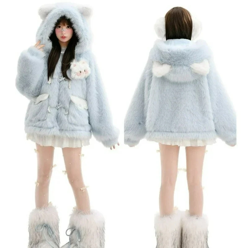 Autumn and Winter New Style Fashionable Thickened Warm Outerwear Sweet Cute Cat-shaped Three-dimensional Animal Ear Hooded Girl