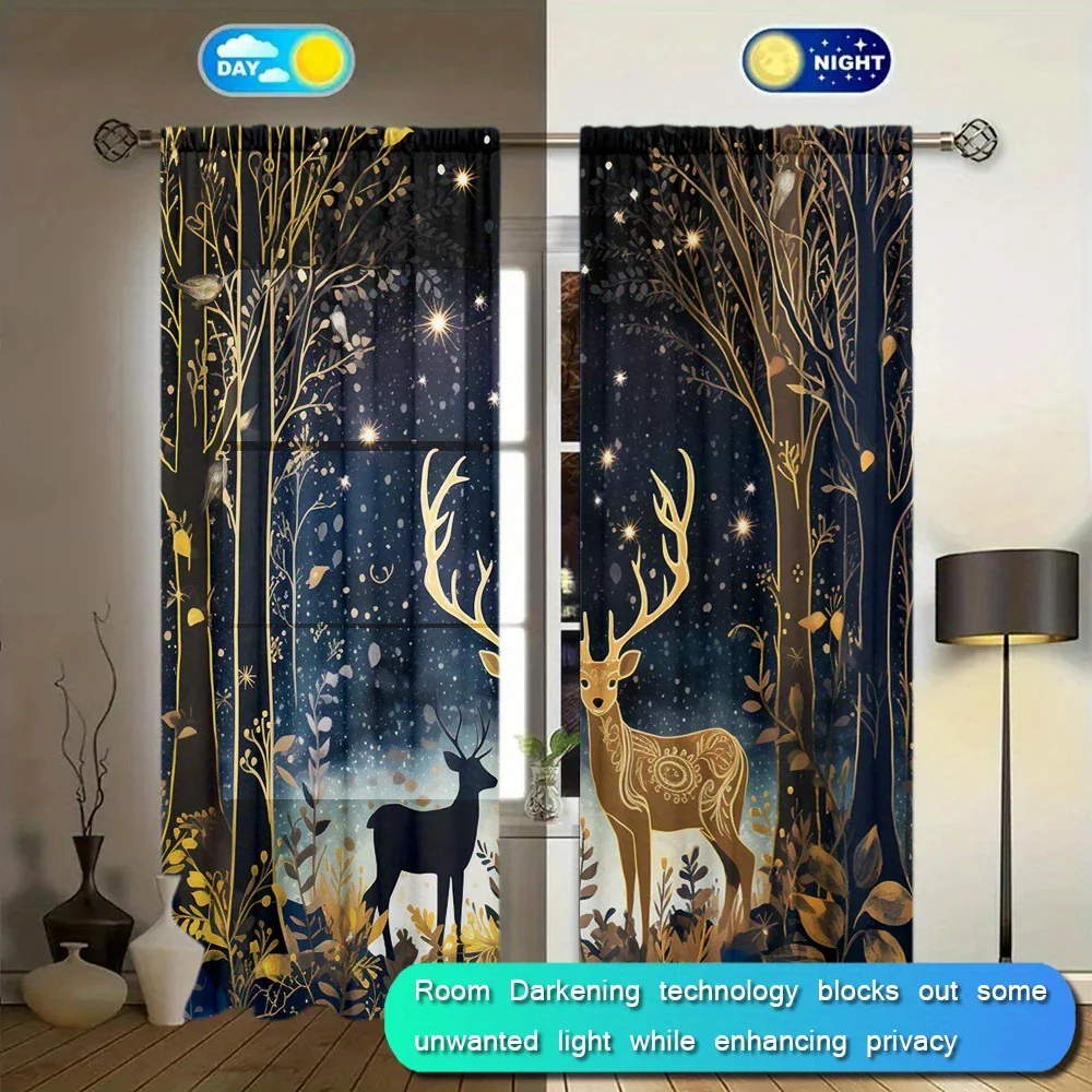 2pcs Dream Deer Style Printed Curtain for Home Decor - Rod Pocket Window Treatment for Bedroom, Office, Kitchen and Living Room