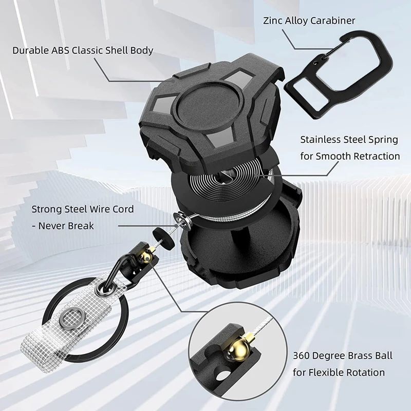 4 pacotes de chaveiro retrátil resistente, carretéis de crachá retráteis, suporte de crachá com mosquetão, cabo de aço revestido de 31,8 polegadas