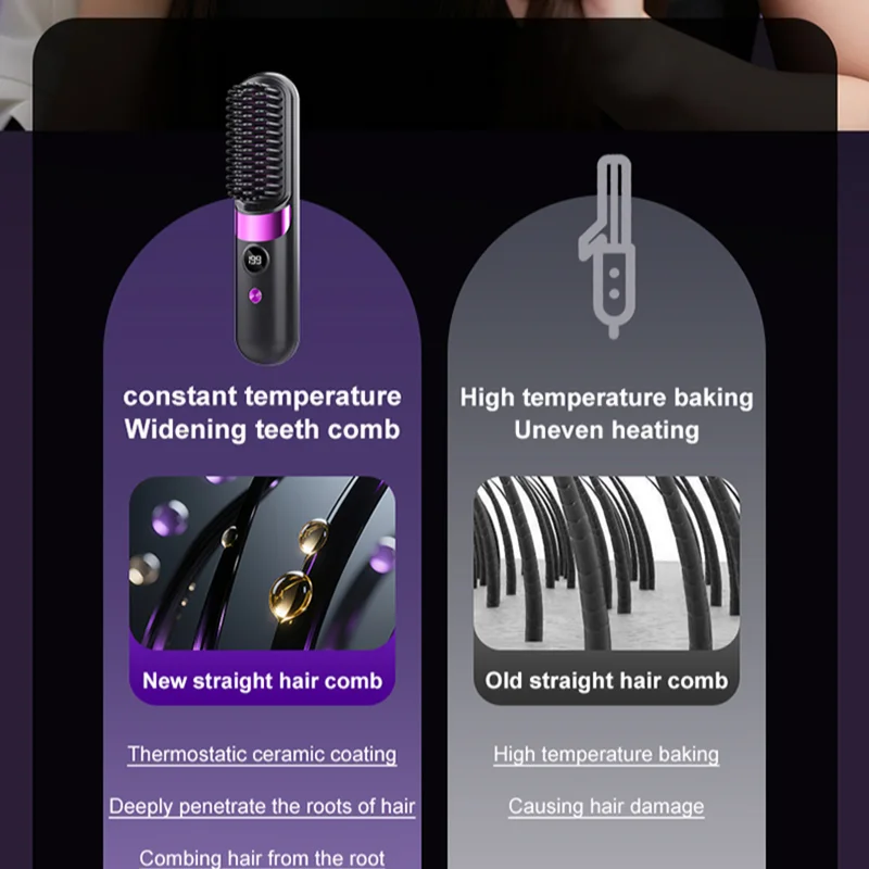 مشط شعر مستقيم للتدفئة من السيراميك قابل لإعادة الشحن عبر USB، أداة تصفيف العناية الشخصية مع شاشة رقمية للعناية بالشعر