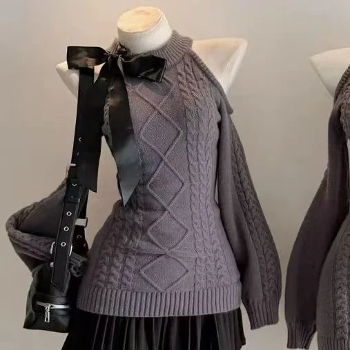 

Женский вязаный свитер в корейском стиле Y2K с бантом, милый японский облегающий пуловер для офиса, осенне-зимняя однотонная модная одежда