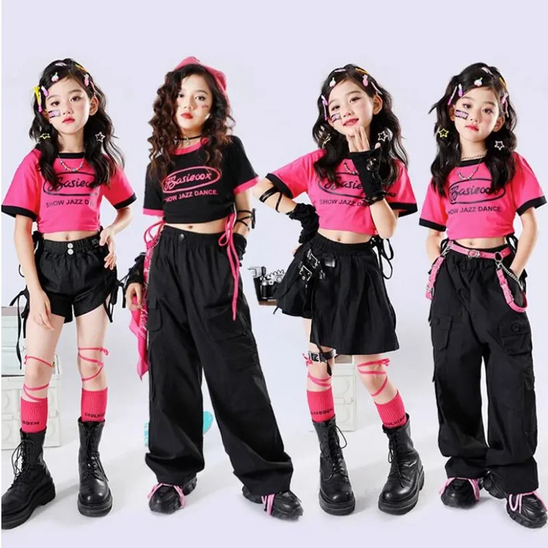 

Crop Tops Shorts Street Dance Jazz Sweet Costumes Girls Black Cargo Pants Children Streetwear Clothes Kids Hip Hop Outfits