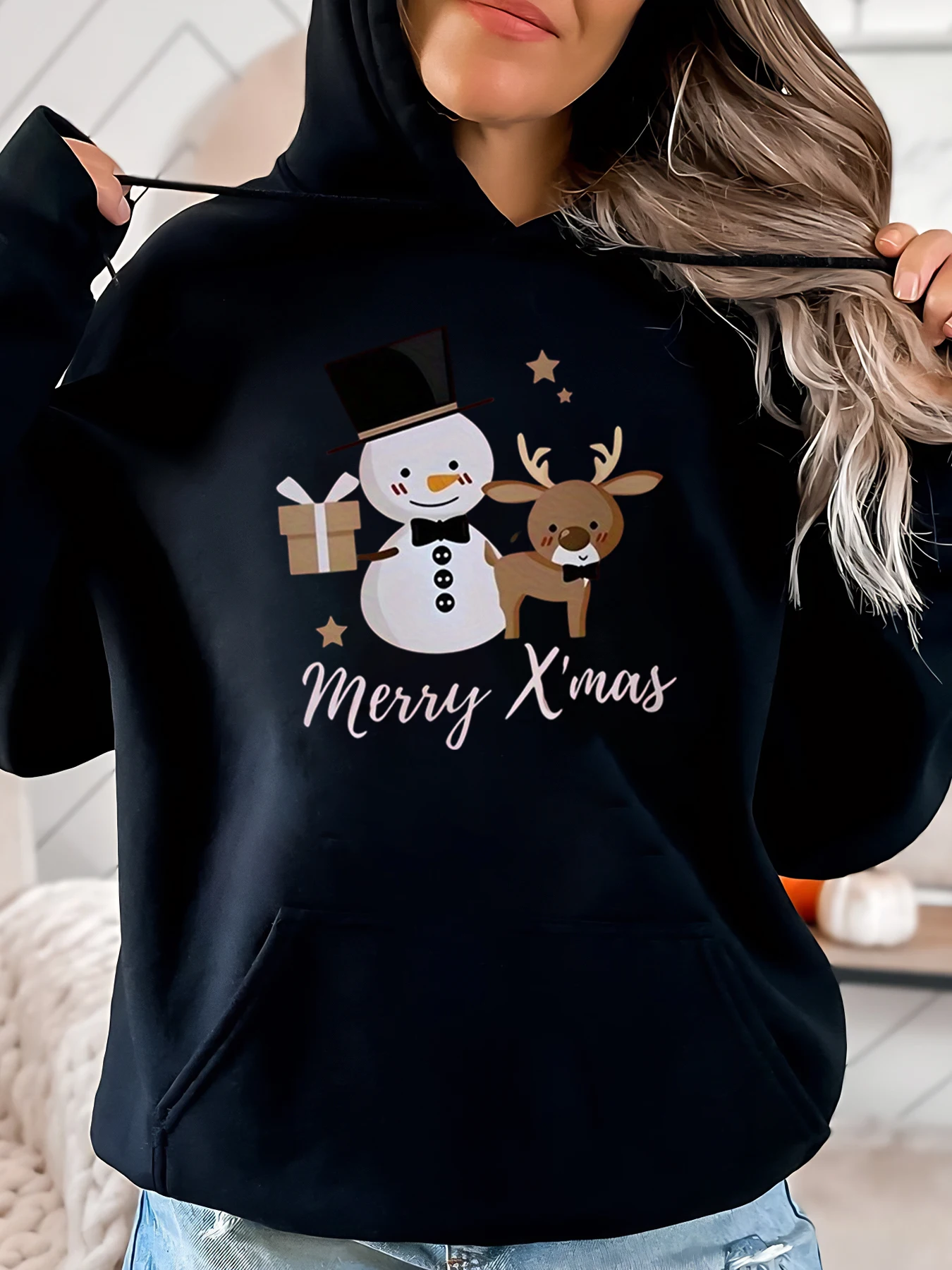 Snowman and Reindeer Merry Xmas Print Hoodie Christmas Women Casual Wear Black Plus-Size