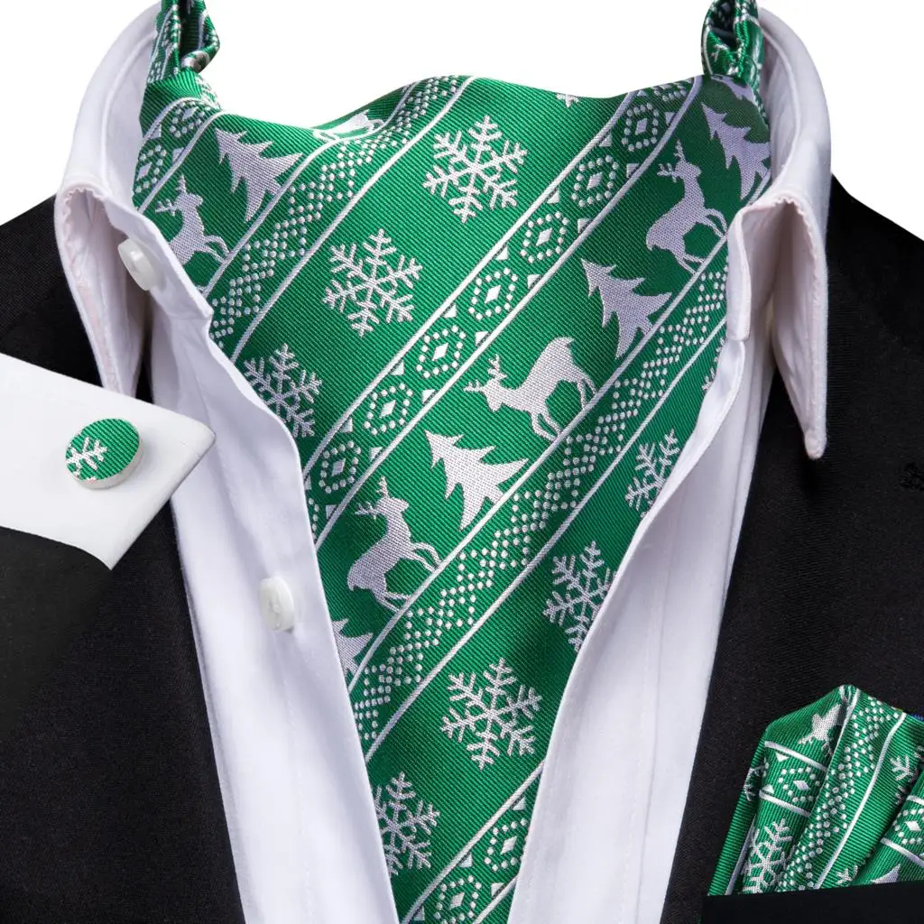 

Hi-Tie Green Silk Brand Men Elegant Christmas Ascots Jacquard Hankerchief Cufflink Vintage Cravat Scarf Xmas Gift For Male Party