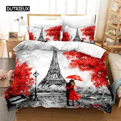 France Eiffel Tower Duvet Cover Romantic Couple Comforter Cover Microfiber France Paris Cityscape Bedding Set For Adults Decor