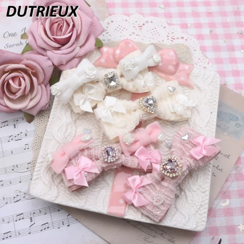 

Handmade Sweet Cute Lady Bow Love Pearl Rhinestone Edge Clip A Pair of Hairclips Women's Kawaii All-matching Hair Accessories