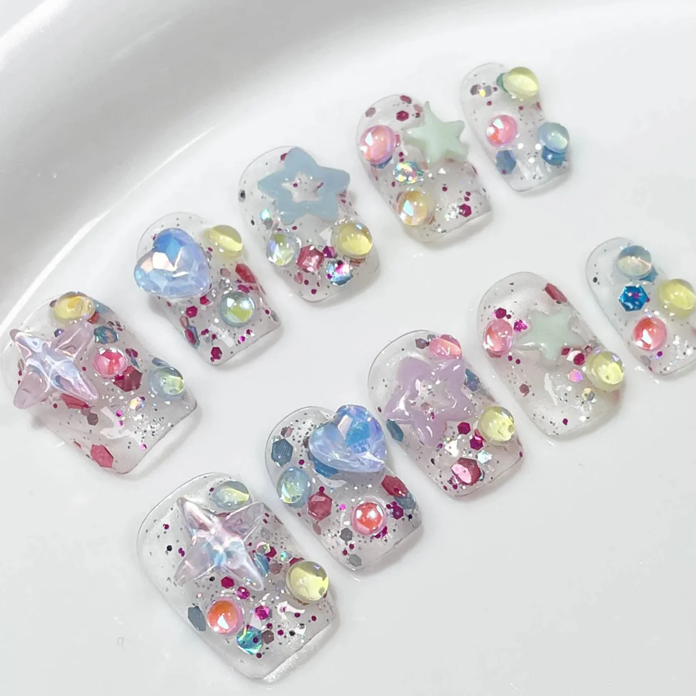 

Summer Fake Nails Clear Handmade Press on Nails 3D Colorful Sequins Star Designs False Nails Tips Short Charms Manicure 10Pcs